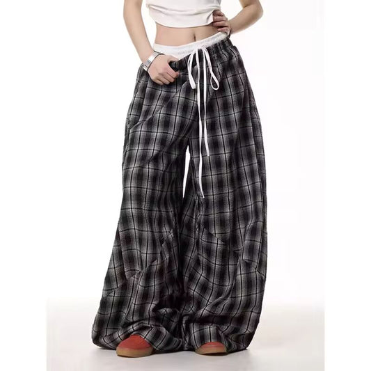 Black Plaid Patchwork Wide Leg Pants Men's Autumn American Vintage Y2K 2000s Style High Waisted Hip Hop Breathable Sweatpants