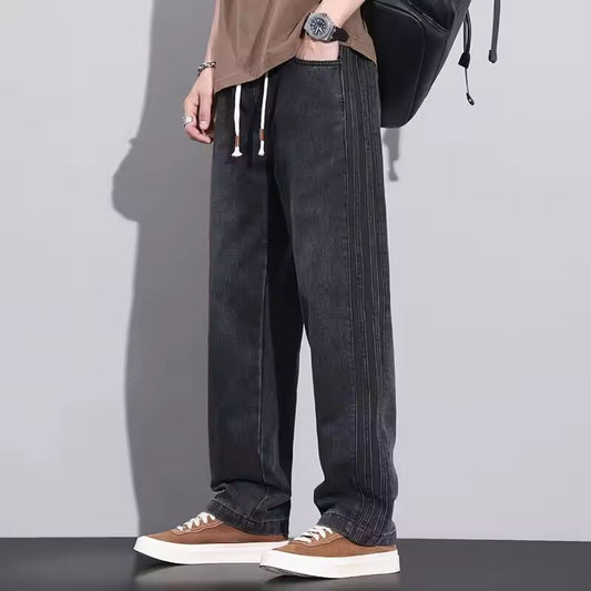 Summer New Thin Vintage Patchwork Casual Straight Loose Jeans Men Solid Striped Drawing Pocket Trendy Versatile Wide Leg Pants