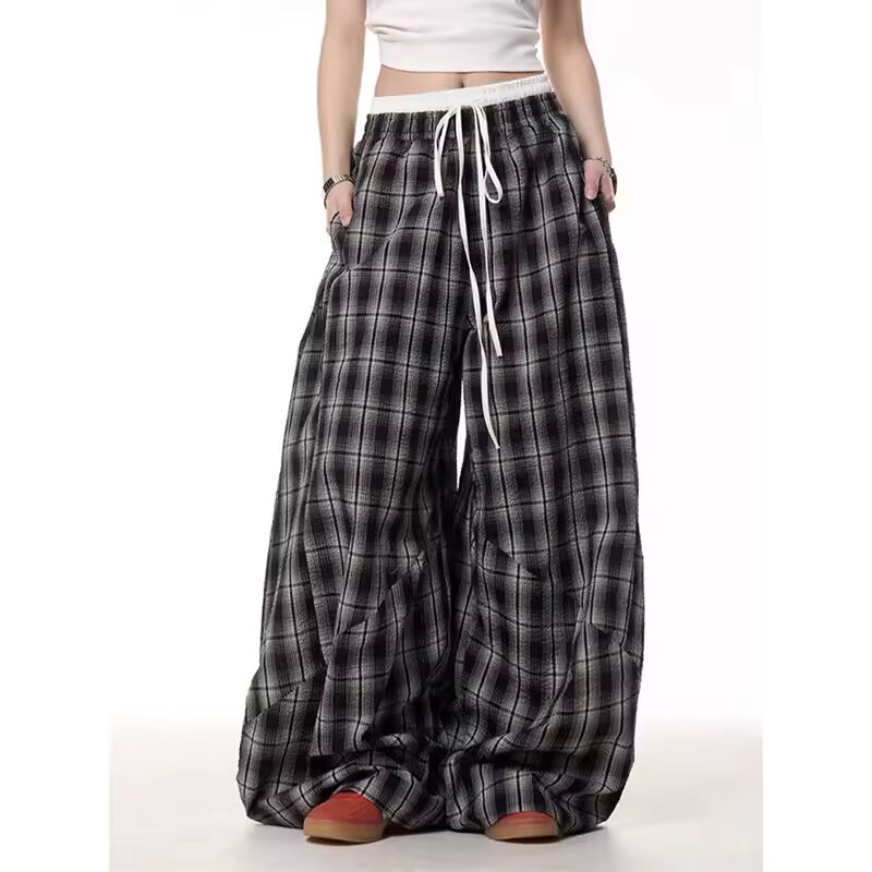 Black Plaid Patchwork Wide Leg Pants Men's Autumn American Vintage Y2K 2000s Style High Waisted Hip Hop Breathable Sweatpants