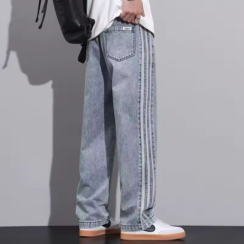 Summer New Thin Vintage Patchwork Casual Straight Loose Jeans Men Solid Striped Drawing Pocket Trendy Versatile Wide Leg Pants