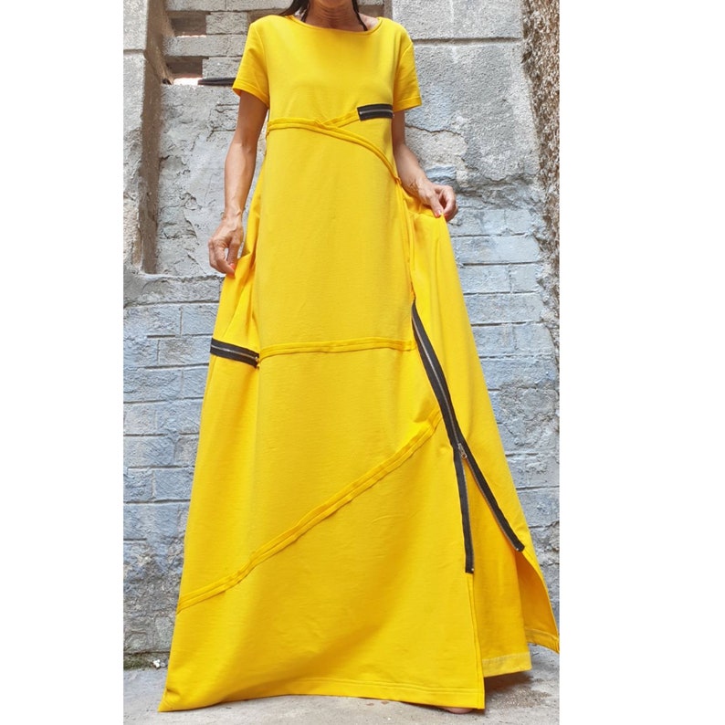 Yellow Long Dress/Loose Cotton Dress/Extravagant Zipper Dress/Short Sleeve Dress/Maxi Woman