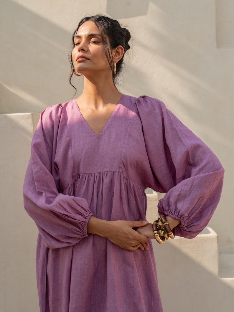 Oversize Linen Boho Dress, Ankle Length Dress Lined with Cotton, Puff Sleeve Linen Dress, Plus Size Clothing
